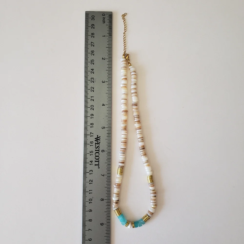 shell beaded necklace with blue stone and gold tone hardware, - Picture 3 of 6